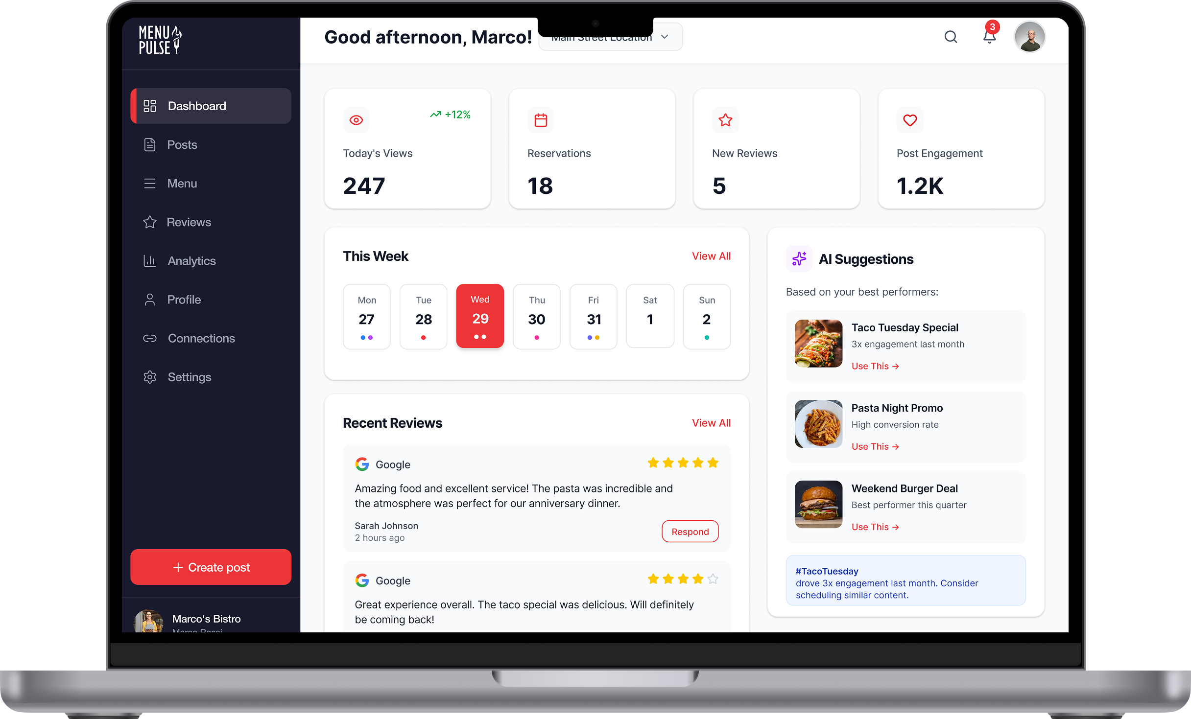Menu Pulse restaurant SaaS dashboard interface
